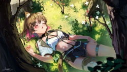 Rule 34 | 1girl, animal ear fluff, animal ears, blue shorts, breasts, brown hair, cat ears, cat girl, cat tail, closed eyes, colored inner hair, crop top, cropped jacket, day, flower, grass, highres, jacket, lying, midriff, multicolored hair, nail polish, on back, open clothes, open jacket, open mouth, original, outdoors, pink hair, red nails, saraki, shirt, short hair, shorts, sleeping, solo, tail, tree, white flower, white jacket, white shirt