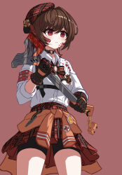 Rule 34 | 1girl, absurdres, axe, bike shorts, black gloves, black shorts, black survival, blood, blood on clothes, blood on face, breasts, brown background, brown hair, character request, closed mouth, collared shirt, dress shirt, empty eyes, estelle (black survival), gloves, hair between eyes, highres, holding, holding axe, long sleeves, plaid, plaid skirt, pleated skirt, red eyes, red skirt, shirt, shorts, shorts under skirt, simple background, skirt, small breasts, solo, star (symbol), stratosphere (coom1017), white shirt