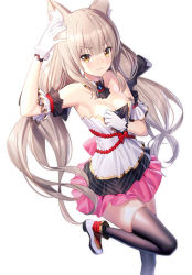 Rule 34 | 1girl, adapted costume, alternate costume, animal ear fluff, animal ears, arm up, bare shoulders, black bow, black thighhighs, blush, boots, bow, breasts, brown eyes, brown hair, cleavage, closed mouth, collar, collarbone, commentary request, detached collar, dress, frilled dress, frills, gloves, hair bow, highres, long hair, looking at viewer, medium breasts, nia (xenoblade), nose blush, ririko (zhuoyandesailaer), simple background, skindentation, solo, standing, standing on one leg, strapless, strapless dress, thighhighs, thighhighs under boots, very long hair, wavy mouth, white background, white collar, white dress, white footwear, white gloves, wing collar, xenoblade chronicles (series), xenoblade chronicles 2