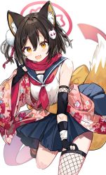 Rule 34 | 1girl, absurdres, animal ears, blue archive, blurry, blurry background, blush, commentary request, fang, fox ears, fox shadow puppet, fox tail, hair between eyes, hair ornament, halo, highres, inuyayo, izuna (blue archive), looking at viewer, open mouth, scarf, school uniform, sleeveless, solo, tail, white background