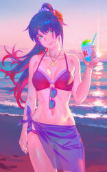 Rule 34 | 1girl, alternate costume, beach, bikini, blue eyes, blue sky, breasts, closed mouth, cloud, cloudy sky, collarbone, commentary, cowboy shot, flower, food, frilled bikini top, gluteal fold, gradient sky, hair between eyes, hair flower, hair ornament, hair scrunchie, hand up, head tilt, high ponytail, highres, holding, jewelry, large breasts, looking to the side, monogatari (series), multicolored hair, navel, necklace, o-ring, o-ring bikini, ocean, outdoors, parted bangs, ponytail, purple bikini, purple hair, purple sarong, purple sky, rapa rachi, red hair, sarong, scrunchie, senjougahara hitagi, shaved ice, shiny skin, sidelocks, sky, solo, standing, stomach, streaked hair, sunglasses, sunset, swimsuit, tinted eyewear, water