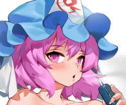 Rule 34 | 1girl, bare shoulders, blue hat, blush, cigarette, hat, looking to the side, mob cap, nude, oreomanko, out-of-frame censoring, pink eyes, pink hair, saigyouji yuyuko, short hair, simple background, smoking, solo, touhou, triangular headpiece, white background