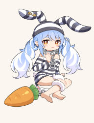 Rule 34 | 1girl, :&lt;, animal ears, ball and chain restraint, bare legs, bare shoulders, barefoot, black skirt, blue hair, braid, bright pupils, carrot, chain, closed mouth, collar, deformed, don-chan (usada pekora), highres, hololive, jiu fanglianhua, looking at viewer, metal collar, multicolored hair, orange eyes, prison clothes, rabbit ears, rabbit tail, shirt, sidelocks, skirt, striped clothes, striped shirt, tail, thick eyebrows, twin braids, two-tone hair, two-tone shirt, usada pekora, usada pekora (prisoner), virtual youtuber, white background, white hair, white pupils, white shirt
