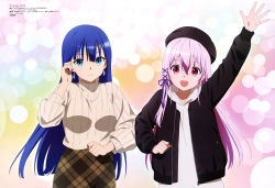 Rule 34 | absurdres, arm up, artist request, black jacket, blue eyes, blue hair, closed mouth, earrings, engage kiss, highres, hood, hoodie, jacket, jewelry, kisara (engage kiss), magazine scan, necklace, official art, open clothes, open jacket, open mouth, pink hair, red eyes, scan, smile, sweater, third-party source, white hoodie, yuugiri ayano