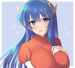 Rule 34 | 1girl, :d, awayuki ramika, blue background, blue eyes, blue hair, blush, breasts, caeda (fire emblem), fire emblem, fire emblem: mystery of the emblem, hand on own chest, heart, jewelry, large breasts, long hair, looking at viewer, nintendo, open mouth, portrait, ring, short sleeves, simple background, smile, solo, tiara, turtleneck