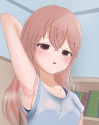 Rule 34 | 1girl, arm behind head, arm up, armpits, blue shirt, blush, book, bookshelf, breasts, brown eyes, ceiling, collarbone, hair between eyes, highres, hot, indoors, inui sajuna, looking at viewer, open mouth, pink hair, presenting armpit, school swimsuit, shelf, shirt, sono bisque doll wa koi wo suru, steam, sweat, sweaty clothes, swimsuit, t-shirt, unknownguy14