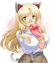 Rule 34 | 1girl, blonde hair, box, breasts, gift, gift box, glasses, headgear, heart-shaped box, highres, holding, holding box, holding gift, jewelry, kantai collection, large breasts, long hair, long sleeves, navy cross, northampton (kancolle), ranbu hararin, ring, semi-rimless eyewear, solo, sweater, valentine, wedding ring, white sweater, yellow eyes