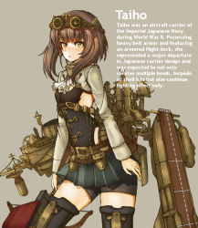 Rule 34 | 10s, 1girl, :o, bad id, bad pixiv id, belt, breasts, brown eyes, brown hair, character name, contrapposto, cowboy shot, english text, flight deck, fuu  taro, goggles, gorget, kantai collection, long hair, miniskirt, pleated skirt, short hair, shorts, shorts under skirt, sideboob, skirt, small breasts, solo, standing, steampunk, taihou (kancolle)