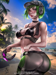 Rule 34 | 1girl, ass, bare shoulders, bikini, blue eyes, blush, bra, breasts, ela (rainbow six siege), emerald-weapon, goggles, green hair, hat, headphones, holding, holding goggles, looking at viewer, medium breasts, ocean, open mouth, palm tree, panties, pants, panty pull, rainbow six siege, short hair, skin tight, smile, solo, strap, swimsuit, thick thighs, thighs, tree, underwear, watermark, web address, yoga pants