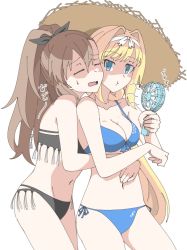 Rule 34 | 2girls, alice zuberg, bare arms, bare shoulders, black one-piece swimsuit, blonde hair, blue eyes, blue one-piece swimsuit, breasts, brown hair, bwave968, cleavage, colored skin, eydis (sao), hair between eyes, hair ornament, hat, japanese text, long hair, looking at viewer, medium breasts, multiple girls, navel, neck, one-piece swimsuit, open mouth, ponytail, pout, signature, swimsuit, sword art online, sword art online: alicization, very long hair, white background, white skin