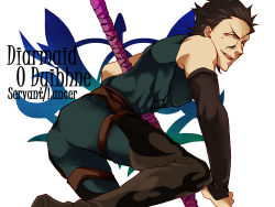 Rule 34 | 1boy, ahoge, ass, bad id, bad pixiv id, bare shoulders, black hair, character name, command spell, fate/stay night, fate/zero, fate (series), diarmuid ua duibhne (lancer) (fate), male focus, mole, mole under eye, polearm, s gentian, short hair, solo, spear, weapon, yellow eyes