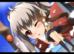 Rule 34 | 2girls, bird, blue sky, blush, brown hair, kissing cheek, day, closed eyes, giant, giantess, hair ribbon, hands on another&#039;s face, highres, kiss, letterboxed, magukappu, multiple girls, one eye closed, open mouth, original, panties, red eyes, ribbon, seagull, shirt, silver hair, size difference, skirt, sky, tower, twintails, underwear, upskirt, vest, white panties, wink