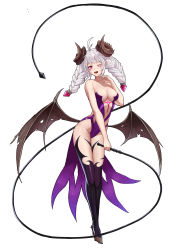 Rule 34 | 1girl, ahoge, black thighhighs, braid, breasts, brown footwear, cleavage, collarbone, demon girl, demon wings, dungeon and fighter, facing viewer, finger to mouth, full body, hair between eyes, high heels, highres, horns, lolita fashion, long braid, long hair, looking at viewer, medium breasts, nyarly the forbidden, open mouth, pointy ears, purple eyes, selcky, shoes, silver hair, simple background, solo, standing, stomach tattoo, tattoo, thighhighs, thighs, twin braids, whip, white background, wings