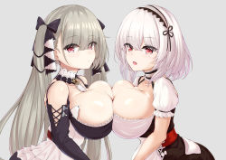 Rule 34 | 2girls, absurdres, anpanmen (anpanmenkosian), apron, azur lane, bare shoulders, between breasts, black choker, black dress, black ribbon, blush, breast press, breasts, choker, cleavage, closed mouth, collarbone, dress, earrings, formidable (azur lane), frilled apron, frilled choker, frills, from side, grey background, hair between eyes, hair intakes, hair ribbon, hairband, highres, jewelry, lace-trimmed hairband, lace trim, large breasts, light frown, long hair, looking at viewer, multiple girls, open mouth, puffy short sleeves, puffy sleeves, red eyes, ribbon, short hair, short sleeves, simple background, sirius (azur lane), smile, symmetrical docking, twintails, two-tone dress, two-tone ribbon, upper body, very long hair, waist apron, white apron, white choker, white dress, white hair, white ribbon
