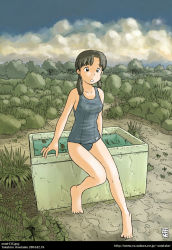 Rule 34 | 00s, 1girl, 2004, artist name, awatake takahiro, barefoot, black hair, cloud, dated, feet, landscape, looking at viewer, low twintails, one-piece swimsuit, outdoors, school swimsuit, sky, solo, swimsuit, toes, twintails, water, watermark, web address