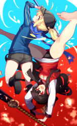 Rule 34 | 2girls, ahoge, artoria pendragon (fate), ass, back, bad id, bad pixiv id, barefoot, baseball cap, black hair, black headwear, black panties, black shorts, blue background, blue jacket, blue scarf, blush, breasts, buster shirt, fate/grand order, fate (series), feet, green eyes, guitar, hair through headwear, handstand, hat, headphones, headphones around neck, highres, himitsucalibur (fate), holding, holding sword, holding weapon, instrument, jacket, kodamari, legs, letterman jacket, long hair, long sleeves, looking at viewer, medium breasts, miniskirt, multiple girls, mysterious heroine x (fate), oda nobunaga (fate), oda nobunaga (koha-ace), oda nobunaga (swimsuit berserker) (fate), oda nobunaga (swimsuit berserker) (first ascension) (fate), open clothes, open jacket, open mouth, oversized object, panties, red background, red eyes, red shirt, rojiura satsuki: chapter heroine sanctuary, scarf, shirt, shorts, skirt, small breasts, smile, sword, toes, track jacket, two-tone background, underwear, weapon, white skirt