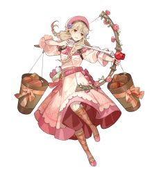 Rule 34 | 1girl, arrow (projectile), belt, bow (weapon), braid, brown eyes, brown socks, dress, faye (fire emblem), fire emblem, fire emblem echoes: shadows of valentia, fire emblem heroes, floral print, food, full body, hat, highres, holding, holding bow (weapon), holding weapon, light brown hair, long dress, long hair, low-braided long hair, low-tied long hair, meat, nintendo, official art, pink dress, puffy short sleeves, puffy sleeves, quiver, shoes, short sleeves, socks, solo, transparent background, twin braids, twintails, weapon