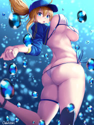 Rule 34 | 1girl, :o, artoria pendragon (fate), ass, bikini, blonde hair, blue eyes, bouncing breasts, breasts, butt crack, curvy, fate/grand order, fate (series), highres, hip focus, huge ass, jacket, large breasts, legs, legs up, long hair, looking at viewer, midair, mysterious heroine x (fate), mysterious heroine xx (fate), oekakizuki, open mouth, ponytail, signature, skindentation, solo, swimsuit, thick thighs, thigh strap, thighs, visor cap, water, white bikini, wide hips