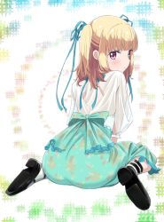 Rule 34 | 1girl, aqua skirt, between legs, black footwear, blonde hair, blue ribbon, blush, frilled skirt, frills, from behind, full body, hair ribbon, hand between legs, highres, iijima yun, long hair, looking at viewer, mary janes, new game!, red eyes, ribbon, see-through, shirt, shoes, sitting, skirt, solo, twintails, two side up, white shirt