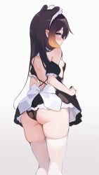 Rule 34 | 1girl, animal ears, ass, black panties, blue eyes, blush, bow, breasts, commentary, english commentary, from behind, highres, hololive, hololive english, koahri, lifted by self, looking back, maid, maid headdress, mole, mole under eye, ninomae ina&#039;nis, panties, purple hair, skindentation, small breasts, solo, thighhighs, thighs, underwear, virtual youtuber, waist bow, white thighhighs