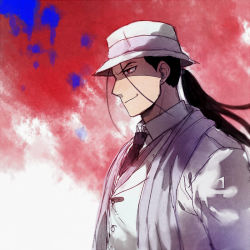 Rule 34 | 1boy, black hair, blue background, formal, frown, fullmetal alchemist, hat, long hair, looking away, male focus, necktie, ponytail, red background, red eyes, riru, scarf, shaded face, simple background, smile, solf j. kimblee, solo, solo focus, suit