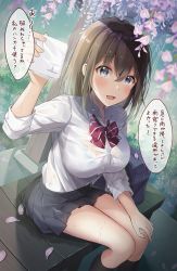Rule 34 | 1girl, bag, bench, black skirt, blouse, blush, bra visible through clothes, breasts, brown hair, cherry blossoms, collared shirt, commentary request, hair between eyes, hand on own knee, handkerchief, highres, holding, holding handkerchief, large breasts, long hair, looking at viewer, open mouth, original, outdoors, purple eyes, rain, school bag, school uniform, shiro kuma shake, shirt, sidelocks, sitting, skirt, smile, solo, speech bubble, translation request, wet, wet clothes, wet shirt, white shirt