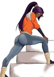 Rule 34 | 1girl, :o, absurdres, ass, bleach, breasts, brown eyes, commentary, dark-skinned female, dark skin, full body, grey pants, hand on own knee, highres, iwao178, long hair, looking down, medium breasts, open mouth, orange shirt, pants, parted bangs, ponytail, purple hair, shihouin yoruichi, shirt, simple background, solo, stairs, stretching, tight clothes, tight pants, white background, yoga pants