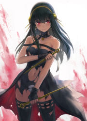 Rule 34 | 1girl, bare shoulders, black dress, black gloves, black hair, black thighhighs, breasts, cleavage, collarbone, dagger, dress, earrings, fingerless gloves, flying sweatdrops, gloves, gold hairband, hair ornament, hairband, highres, jewelry, knife, large breasts, long hair, looking at viewer, navel, panties, red eyes, sidelocks, solo, spy x family, thighhighs, tonee, torn clothes, torn dress, underwear, weapon, white panties, yor briar