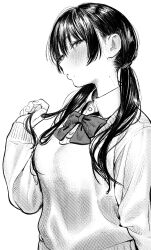 Rule 34 | 1girl, blush, bow, bowtie, collared shirt, dress shirt, highres, holding, holding hair, long hair, long sleeves, looking at viewer, low twintails, mole, mole on neck, mole under mouth, momokumo, monochrome, original, parted lips, playing with own hair, school uniform, shirt, sideways glance, simple background, sweater, twintails, white background
