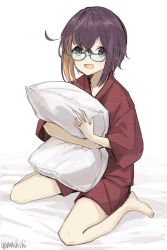 Rule 34 | 1girl, barefoot, black hair, blue-framed eyewear, brown hair, commentary request, glasses, green eyes, jinbei (clothes), kantai collection, looking at viewer, multicolored hair, hugging object, okinami (kancolle), one-hour drawing challenge, pillow, pillow hug, pink hair, short hair, simple background, sitting, sleepwear, smile, solo, wariza, white background, yamashichi (mtseven)