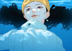 Rule 34 | 1girl, absurdres, black hair, close-up, earrings, headband, highres, ikkaku (one piece), in water, jewelry, jumpsuit, looking to the side, looking up, oh imo, one piece, smile, solo, white jumpsuit, yellow headband