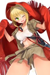 Rule 34 | 1girl, ;d, bad id, bad twitter id, bag, between breasts, blonde hair, blush, breasts, cleavage, fate/grand order, fate (series), green eyes, groin, highres, large breasts, looking at viewer, midriff, navel, nero claudius (fate), nero claudius (fate) (all), nero claudius (fate/extra), no bra, no panties, official alternate costume, one eye closed, open mouth, sasahara wakaba, see-through, shorts, smile, solo, sweat, upshorts, wet, wet clothes