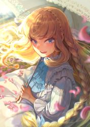 Rule 34 | 1girl, blue eyes, blush, braid, commentary request, day, dress, fha59355, highres, holding, holding umbrella, isla coleman, long hair, looking at viewer, outdoors, parasol, petals, production kawaii, smile, solo, sunlight, umbrella, very long hair, virtual youtuber, white dress, white umbrella
