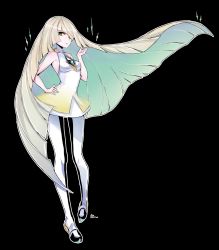 Rule 34 | 1girl, absurdres, black background, blonde hair, creatures (company), dress, full body, game freak, green eyes, hair over one eye, hand on own hip, high heels, highres, legs apart, long hair, lusamine (pokemon), mature female, nintendo, no bra, outline, pantyhose, pokemon, pokemon sm, pumps, rinrin (hiouurin), see-through, simple background, solo, standing, tagme, very long hair, white dress, white outline