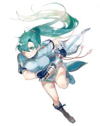 Rule 34 | 1girl, aisutabetao, breasts, earrings, fingerless gloves, fire emblem, fire emblem: the blazing blade, gloves, green eyes, green hair, high ponytail, highres, jewelry, long hair, lyn (fire emblem), nintendo, pelvic curtain, ponytail, side slit, solo, sword, weapon, white background