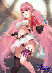 Rule 34 | 1girl, abeen jhong, absurdres, alchemist, alchemy, black panties, black thighhighs, breasts, commentary, from below, green eyes, highres, jacket, large breasts, long hair, long sleeves, navel, original, panties, parted lips, pink hair, potion, red jacket, skirt, smile, solo, standing, thighhighs, twintails, underboob, underwear, very long hair, white skirt