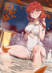 Rule 34 | 1girl, absurdres, autumn, autumn leaves, blush, closed mouth, commentary, commission, english commentary, etoile, glasses, hair ornament, hair ribbon, highres, lantern, leaf hair ornament, long hair, looking at viewer, naked towel, night, onsen, original, red eyes, red hair, ribbon, rock, round eyewear, sitting, smile, solo, spread legs, steam, thighs, towel, wet, wooden wall