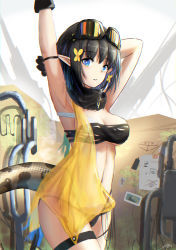 Rule 34 | 1girl, arknights, arm strap, armpits, arms up, bandeau, black gloves, black hair, black panties, blue eyes, breasts, chinese commentary, cleavage, commentary request, cowboy shot, eunectes (arknights), gloves, goggles, goggles on head, highres, looking at viewer, medium breasts, midriff, navel, nyanko960121, panties, parted lips, partial commentary, pointy ears, see-through, short hair, snake tail, solo, standing, stomach, strapless, tail, thigh strap, thighs, tube top, underwear