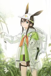 Rule 34 | 1girl, amiya (arknights), amiya (planter) (arknights), animal ears, arknights, backpack, bag, baseball cap, blue eyes, commentary, cowboy shot, ears through headwear, extra ears, green jacket, hand up, hat, jacket, looking at viewer, official alternate costume, orange neckwear, plant, rabbit ears, shenji laurant, smile, solo, thigh strap, white bag, white hat, white jacket