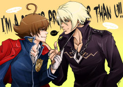 Rule 34 | 2boys, ace attorney, ace attorney investigations, ace attorney investigations 2, ahoge, bishounen, blonde hair, brown eyes, brown hair, capcom, earrings, english text, flipped hair, grabbing another&#039;s chin, green eyes, hand on another&#039;s chin, ichiyanagi yumihiko, jacket, jacket on shoulders, jewelry, klavier gavin, male focus, multiple boys, necklace, school uniform, smile, uniform, yellow background, yumi (soak1111)