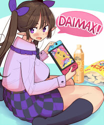 Rule 34 | 1girl, belt, black skirt, black socks, blush, bottle, bow, breasts, brown belt, brown hair, checkered clothes, checkered skirt, chips (food), collared shirt, commentary request, drink, fang, food, frilled shirt collar, frills, gen 1 pokemon, hair bow, handheld game console, himekaidou hatate, himeshita johnny mafuyu, holding, holding handheld game console, kneehighs, large breasts, long hair, long sleeves, looking at viewer, looking to the side, nintendo switch, no headwear, on floor, open mouth, pikachu, pointy ears, purple bow, purple eyes, purple shirt, purple skirt, shirt, sitting, skirt, socks, solo, speech bubble, touhou, twintails, wariza