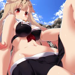 Rule 34 | 1girl, bikini, black bikini, black ribbon, blonde hair, blue sky, breasts, closed mouth, cloud, dated, dd (ijigendd), hair flaps, hair ornament, hair ribbon, hairclip, highres, kantai collection, large breasts, long hair, looking at viewer, outdoors, red eyes, ribbon, scarf, sky, smile, solo, swimsuit, white scarf, yuudachi (kancolle), yuudachi kai ni (kancolle)