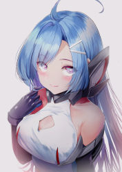 Rule 34 | 1girl, ahoge, armpit crease, azur lane, bare shoulders, black gloves, blue hair, blush, breasts, cleavage cutout, closed mouth, clothing cutout, commentary request, elbow gloves, gloves, hair over one eye, twirling hair, headgear, helena (azur lane), highres, large breasts, looking at viewer, purple eyes, retrofit (azur lane), schreibe shura, sidelocks, smile, solo, swept bangs, upper body