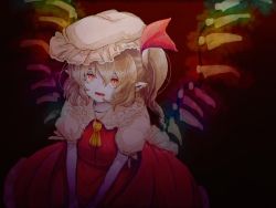 Rule 34 | 1girl, ascot, blonde hair, flandre scarlet, fleuriste, from above, hair between eyes, hat, looking at viewer, looking up, lower teeth only, medium hair, mob cap, multicolored wings, open mouth, pointy ears, puffy short sleeves, puffy sleeves, red background, red eyes, red skirt, red vest, shirt, short sleeves, side ponytail, simple background, skirt, skirt set, solo, teeth, touhou, v arms, vest, white hat, white shirt, wings, yellow ascot