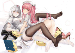 Rule 34 | 1girl, ass, azur lane, black panties, blush, breasts, center opening, cleavage, closed mouth, commentary request, dress, fh moya, from behind, from side, hair between eyes, hair ornament, hat, hermione (azur lane), hermione (pure white angel) (azur lane), highres, large breasts, legs up, long hair, looking at viewer, looking back, low tied hair, no shoes, nurse, nurse cap, panties, perseus (azur lane), perseus (unfamiliar duties) (azur lane), pink eyes, pink hair, shoes, sidelocks, soles, solo, thighhighs, thighs, thong, toes, twintails, underwear, unworn shoes, very long hair, white hat, white thighhighs