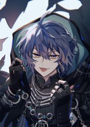 Rule 34 | 1boy, blue hair, cloak, earrings, fingerless gloves, gloves, highres, hood, hood down, jewelry, long sleeves, looking at viewer, mahoutsukai no yakusoku, male focus, naruta iyo, necklace, nero turner, short hair, smile, solo, tongue, tongue out, white background, yellow eyes