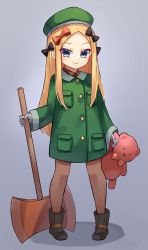 Rule 34 | 1girl, abigail williams (fate), axe, beret, blonde hair, blue eyes, blush, boots, breasts, brown gloves, brown pantyhose, coat, cosplay, fate/grand order, fate (series), forehead, full body, gloves, green coat, green hat, hat, highres, long hair, long sleeves, looking at viewer, miya (miyaruta), pantyhose, parted bangs, paul bunyan (fate), paul bunyan (fate) (cosplay), small breasts, smile, stuffed animal, stuffed toy, teddy bear