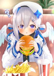 Rule 34 | 1girl, :o, ?, absurdres, amane kanata, amane kanata (work), angel wings, asymmetrical bangs, azuremo, beret, blue hair, blush, burger, colored inner hair, feathered wings, food, french fries, hair ornament, hair over one eye, hair rings, hairclip, hat, highres, hololive, jacket, long hair, looking at viewer, low twintails, mini wings, multicolored hair, open mouth, pov across table, silver hair, single hair intake, solo, twintails, upper body, virtual youtuber, white jacket, white wings, wings