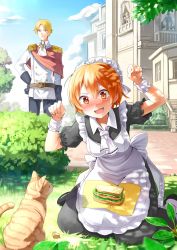 Rule 34 | &gt;:d, 1boy, 6+girls, :d, apron, ascot, belt, black dress, black gloves, blonde hair, blue eyes, blue sky, blush, breasts, brown eyes, building, cat, cloud, dappled sunlight, day, dress, embarrassed, emerane, epaulettes, food, gloves, grass, jacket, looking outside, maid, maid apron, maid headdress, medium breasts, military, military uniform, moe2015, multiple girls, open mouth, orange hair, original, outdoors, pants, pavement, paw pose, puffy short sleeves, puffy sleeves, sandwich, short sleeves, sitting, sky, smile, sunlight, sweatdrop, tree, uniform, v-shaped eyebrows, wariza, watching, wide-eyed, wrist cuffs, yellow eyes