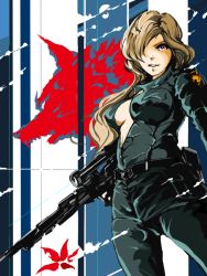 Rule 34 | 1girl, bad id, bad pixiv id, belt, blonde hair, breasts, catsuit, cleavage, female soldier, gun, h&amp;k psg1, hair over one eye, kafe (bonbonrocks), long hair, metal gear (series), metal gear solid, military, open clothes, red eyes, rifle, sniper rifle, sniper wolf, soldier, solo, unzipped, weapon